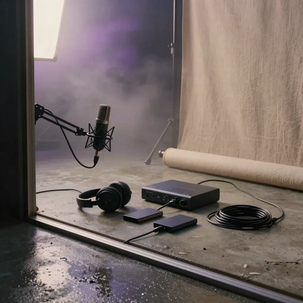 Rainy studio doorway with podcast gear, mist, and dramatic morning light