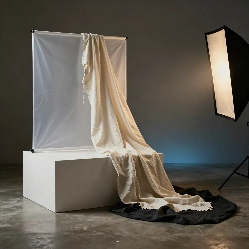 Launch-film set with plinth, scrim, drape and softbox skirt in moody haze.