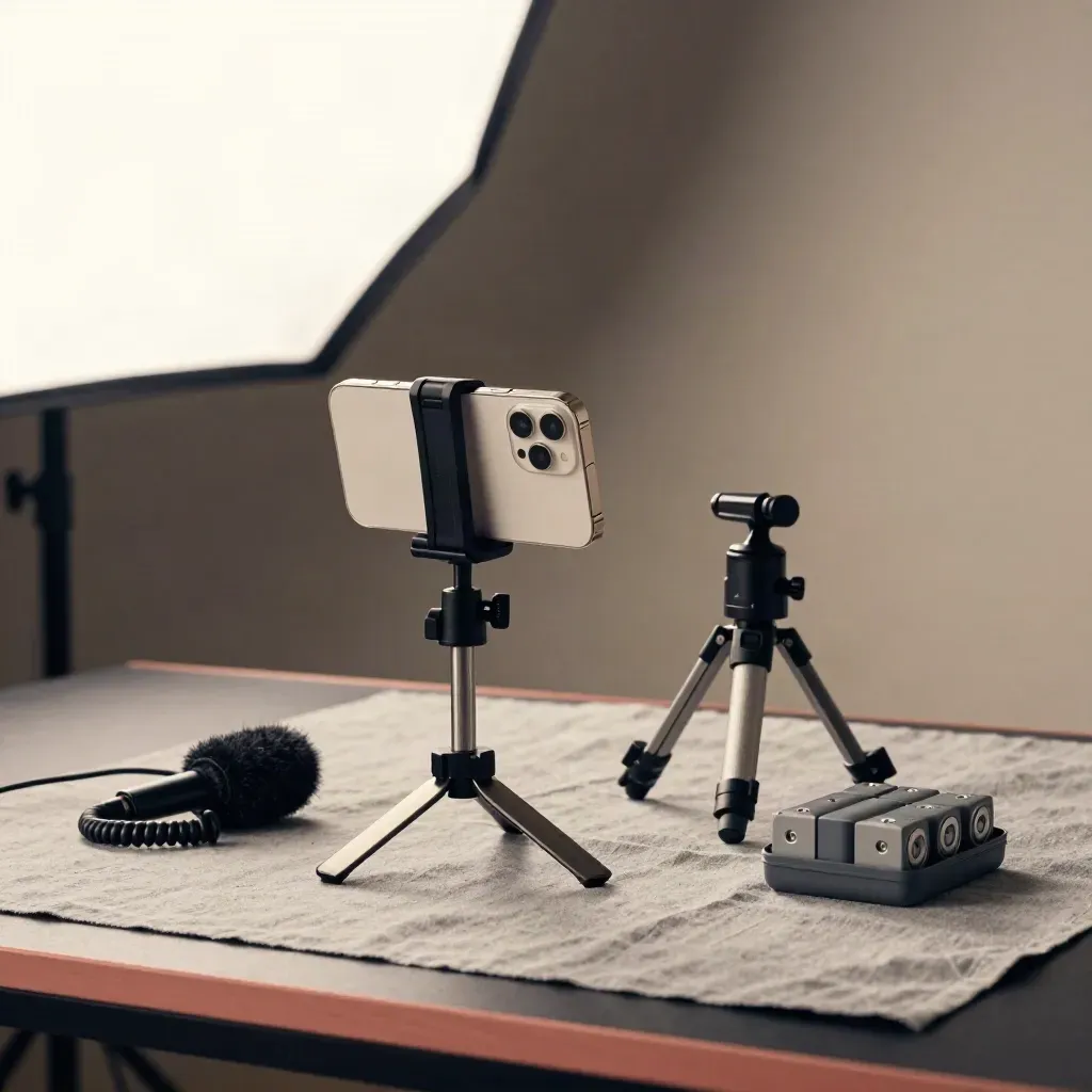 Smartphone short-form kit snapping shut on a studio surface with mic and batteries