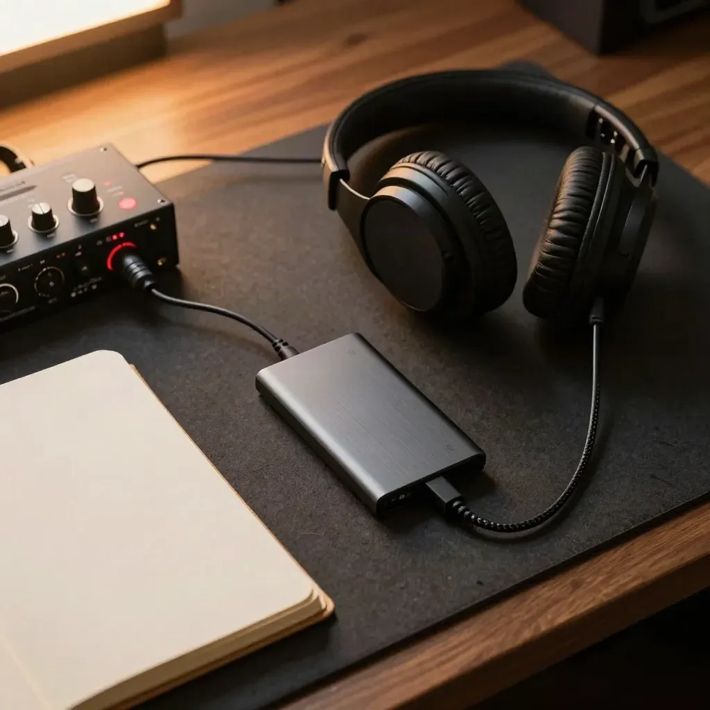 Top-down edit desk with headphones, SSD, audio interface, cable and notebook in warm afternoon light