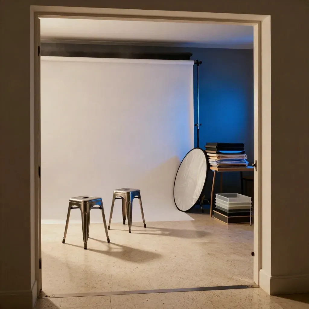 Empty London studio bay with seamless backdrop, stools, reflector disc, prop table and a blue accent glow