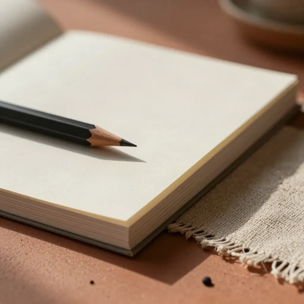 Close macro of blank cards, pencil, linen swatch and mood props on a terracotta planning surface.