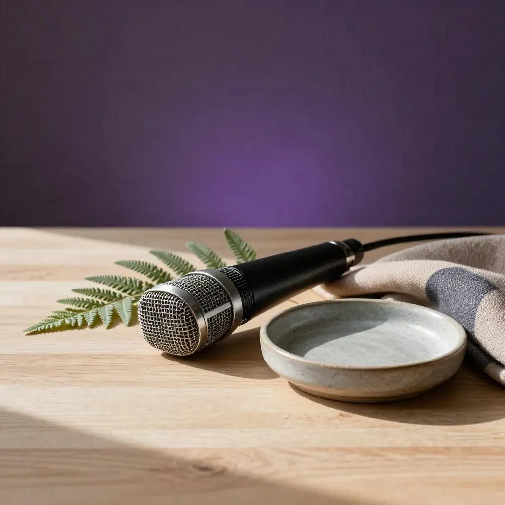 Microphone capsule, fern, wool cloth and ceramic dish on pale wood in soft daylight.